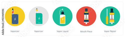 A set of 5 vaping icons as vaporizer, vapor liquid, mouth piece
