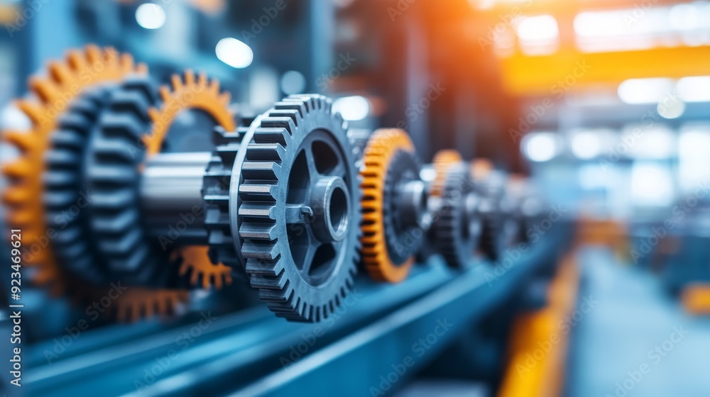 Close-up view of industrial gears in a modern manufacturing facility, showcasing precision engineering and mechanical design. Close-up view of industrial gears in a modern manufacturing facility, showcasing precision engineering and mechanical design.
