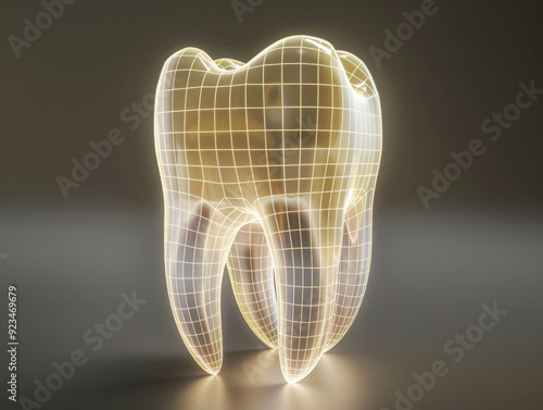 3D rendering of a digital tooth model showcasing dental anatomy and design