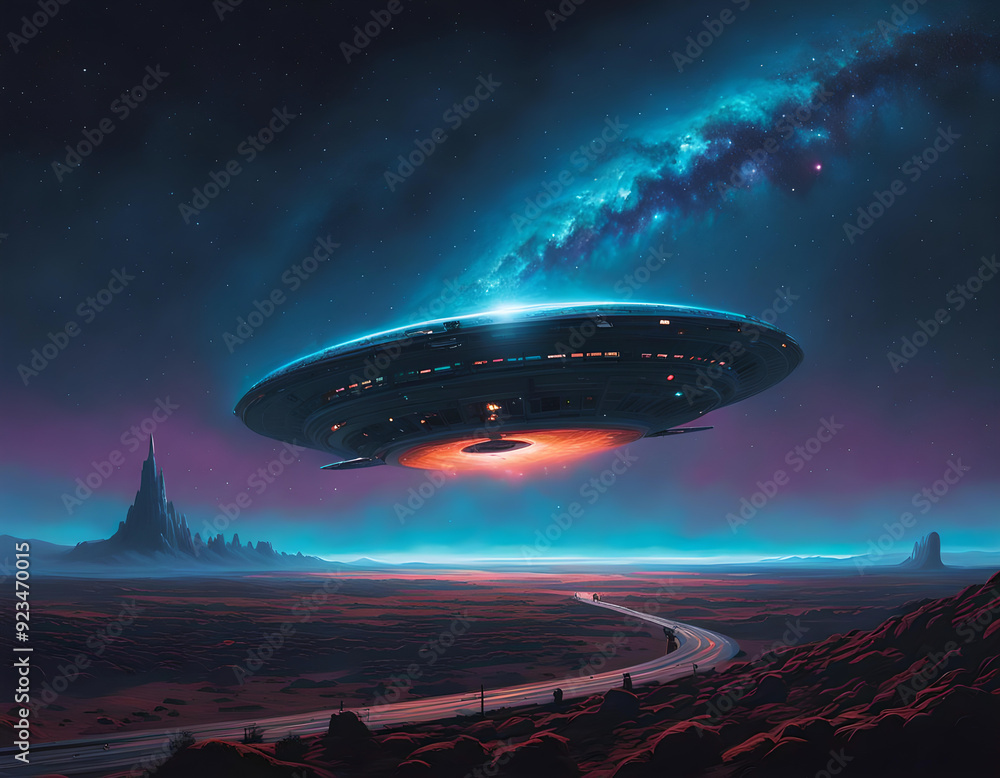 Alien spaceship flying over a desert at night. Amazing sci-fi digital illustration. CG Artwork Background Alien spaceship flying over a desert at night. Amazing sci-fi digital illustration. CG Artwork Background