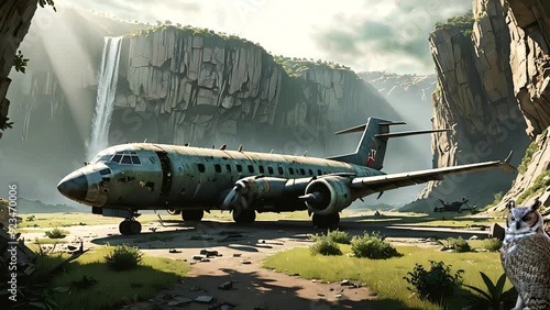 Seamless looping 4k time lapse animation video background. Owl perched on wrecked airplane in a remote valley. Wildlife and abandonment concept