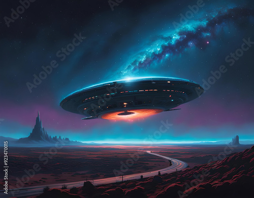 Alien spaceship flying over a desert at night. Amazing sci-fi digital illustration. CG Artwork Background photo