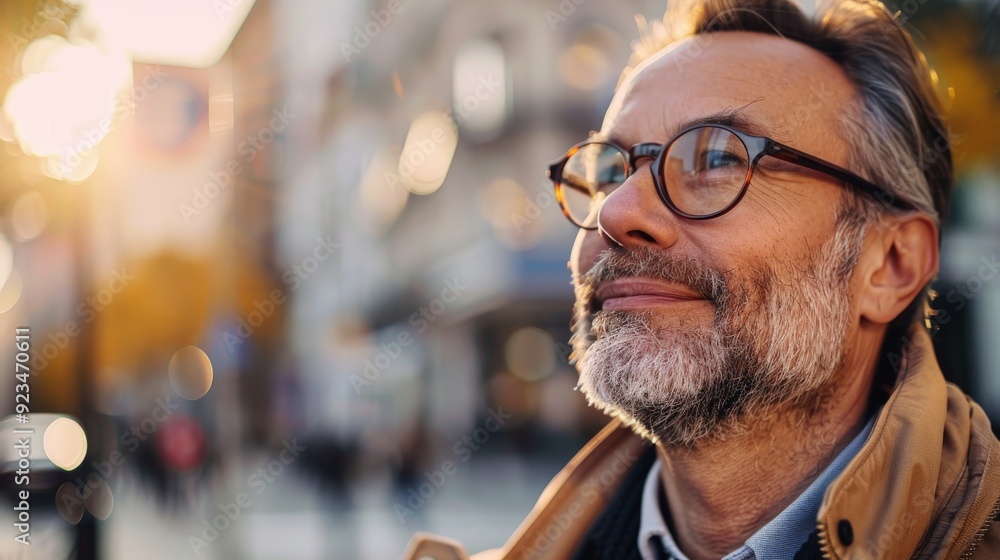 A man wearing glasses stands in an urban cityscape with a warm backlighting, capturing a moment of introspection and urban life. A man wearing glasses stands in an urban cityscape with a warm backlighting, capturing a moment of introspection and urban life.