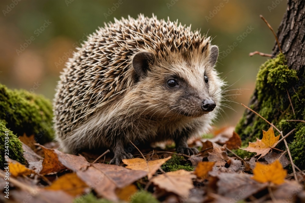 Naklejka premium Hedgehog in autumn, wild, free roaming hedgehog, taken from a wildlife hide to help monitor the health and population of this favourite but declining mammal, scientific name, erinaceus europaeus