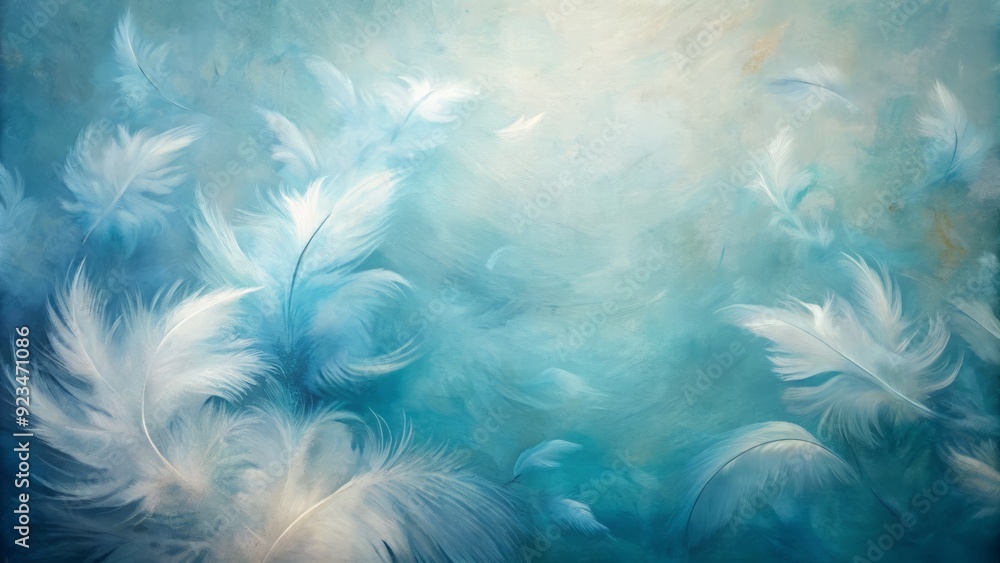 Obraz premium Ethereal abstract canvas background featuring soft, feathery white brushstrokes on a calming blue ombre texture, evoking a sense of serenity and creative expression.