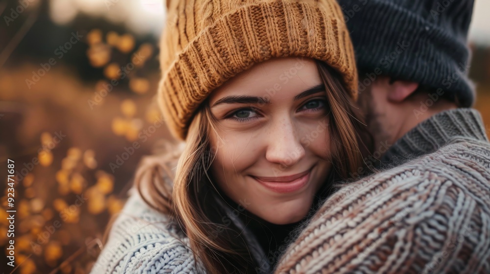 A smiling woman in cozy winter clothing embraces her partner warmly, radiating love and happiness amidst a picturesque autumn landscape with falling leaves. A smiling woman in cozy winter clothing embraces her partner warmly, radiating love and happiness amidst a picturesque autumn landscape with falling leaves.