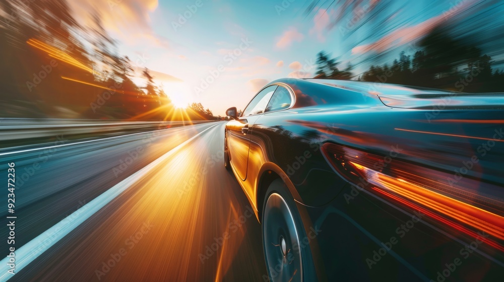 Obraz premium A sleek car speeds down the highway at sunset, with the motion blur effect indicating high speed. The sun setting creates a dramatic and impactful visual effect.