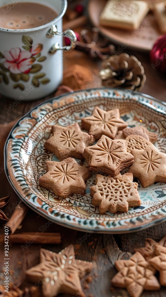 Close up image of real Belgian speculoos (biscoff) cookies on a plate on a wooden table. The biscuit is now a worldwide cooking ingredient hype. AI generated illustration Close up image of real Belgian speculoos (biscoff) cookies on a plate on a wooden table. The biscuit is now a worldwide cooking ingredient hype. AI generated illustration