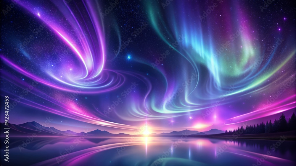 Naklejka premium Vibrant purple abstract aurora borealis concept, glowing shapes and wispy trails illuminating a dark background, evoking a sense of celestial wonder and mystique.