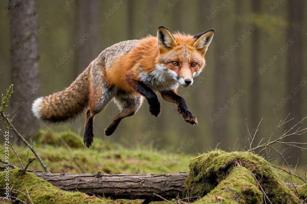 Fototapeta premium Red Fox jump hunting, Vulpes vulpes, wildlife scene from Europe