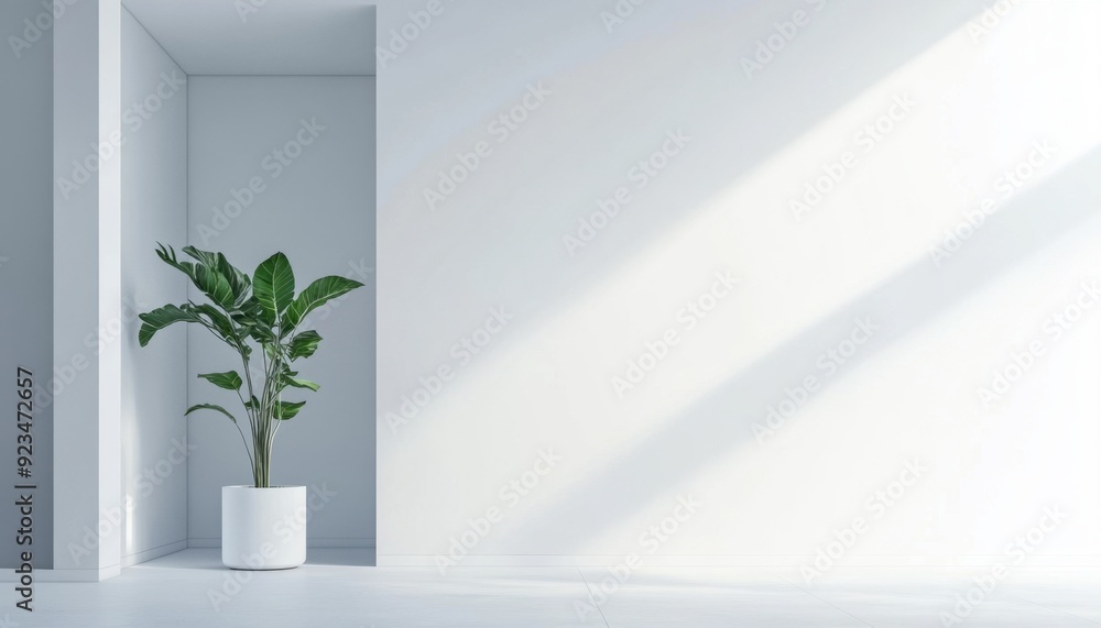 Modern interior with a green plant in a bright, minimalist space during daylight Modern interior with a green plant in a bright, minimalist space during daylight