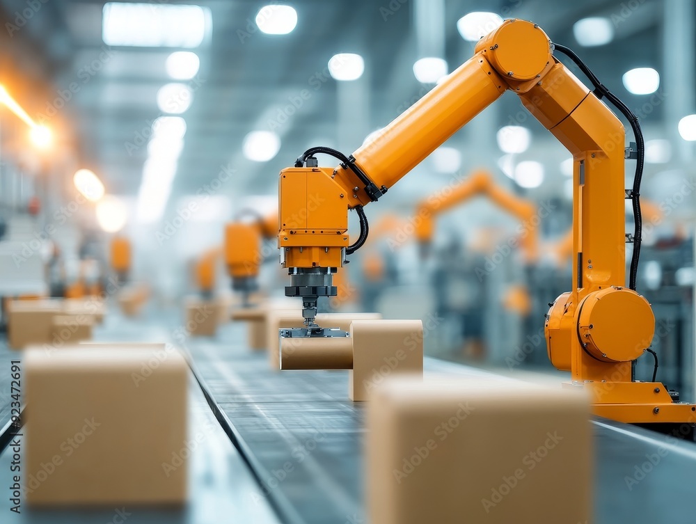 Industrial robot arm working on an assembly line, efficiently handling packages in a modern manufacturing facility. Industrial robot arm working on an assembly line, efficiently handling packages in a modern manufacturing facility.