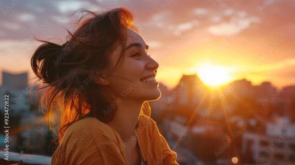 A woman is seen enjoying a sunset with her hair blowing in the wind. The city skyline is silhouetted in the background, giving a warm and serene feel to the scene. A woman is seen enjoying a sunset with her hair blowing in the wind. The city skyline is silhouetted in the background, giving a warm and serene feel to the scene.