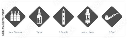A set of 5 vaping icons as vapor flavours, vapor, e cigarette