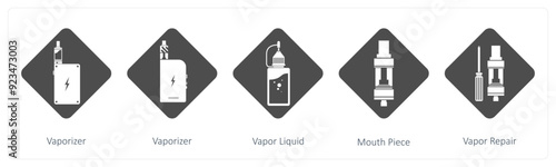 A set of 5 vaping icons as vaporizer, vapor liquid, mouth piece