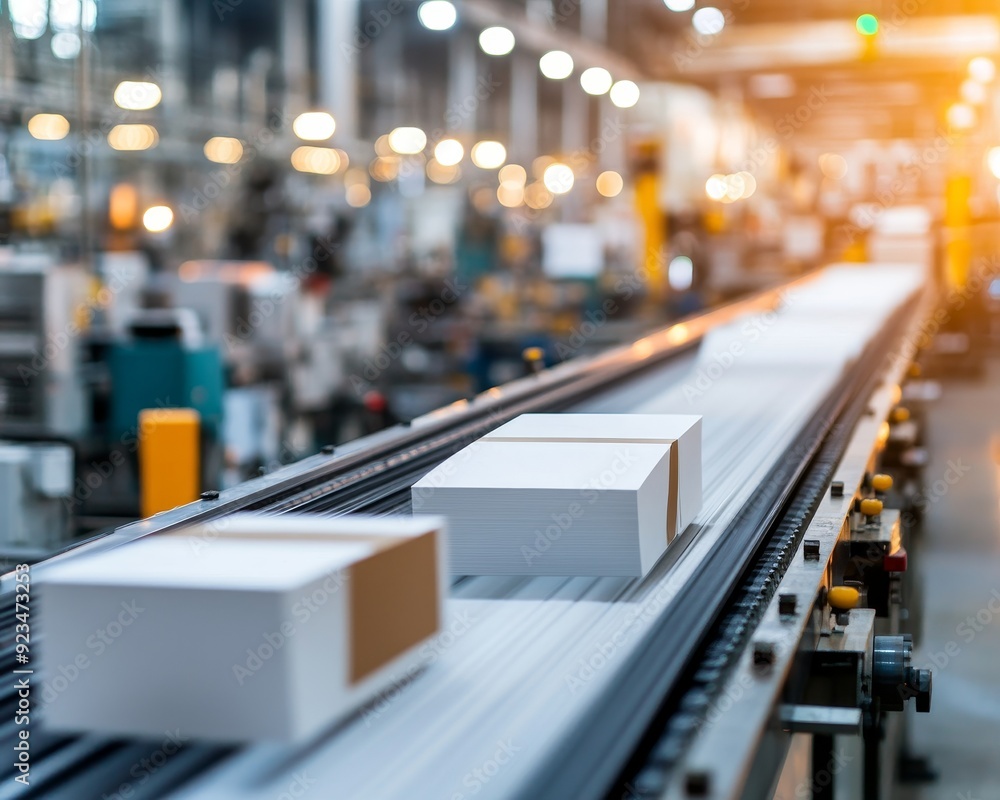 Packages move along a conveyor belt in a modern warehouse, illustrating efficient logistics and distribution processes. Packages move along a conveyor belt in a modern warehouse, illustrating efficient logistics and distribution processes.