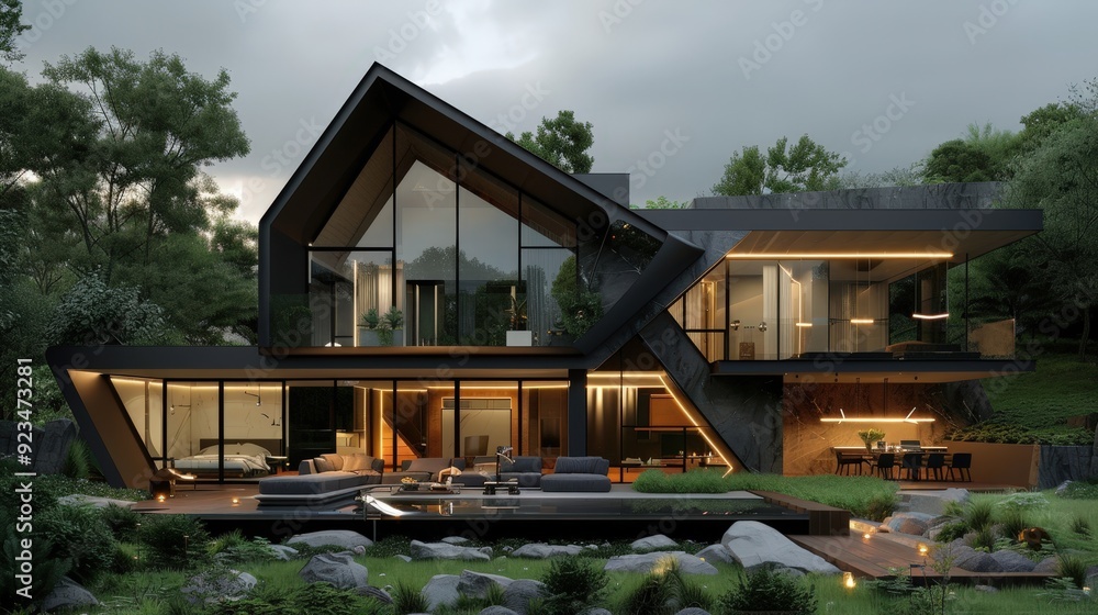 Capture a modern luxury home with a striking angular design, extensive glass walls, and a beautiful outdoor living area. Capture a modern luxury home with a striking angular design, extensive glass walls, and a beautiful outdoor living area.