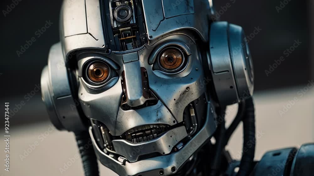 Intricate close-up of a futuristic robot showcasing intricate details and expressive eyes during a tech exhibition Intricate close-up of a futuristic robot showcasing intricate details and expressive eyes during a tech exhibition