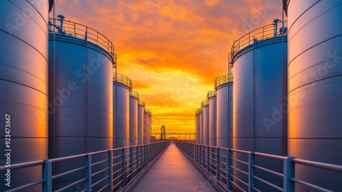 Stunning sunset over industrial storage tanks, creating a serene yet powerful atmosphere in the heart of the facility.