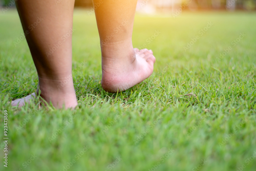 Closeup barefoot walking on grass of patient after recovering from hospital to treat body balance and alternative medical treatment of people after surgery, soft focus. Closeup barefoot walking on grass of patient after recovering from hospital to treat body balance and alternative medical treatment of people after surgery, soft focus.