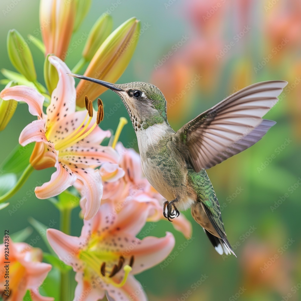 Obraz premium Hummingbird hovering next to lily flowers