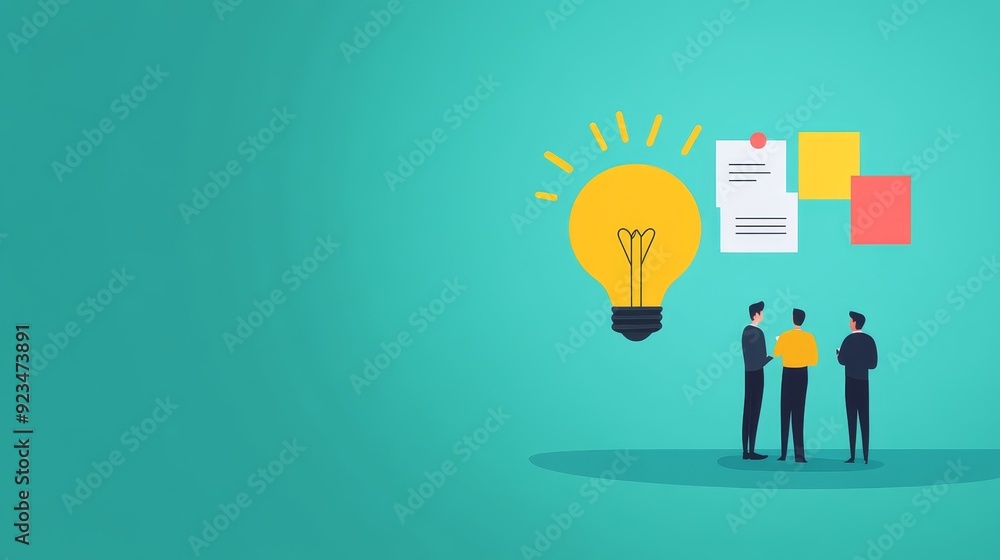 Three individuals discussing ideas with a light bulb graphic and colorful notes, symbolizing creativity and brainstorming. Three individuals discussing ideas with a light bulb graphic and colorful notes, symbolizing creativity and brainstorming.