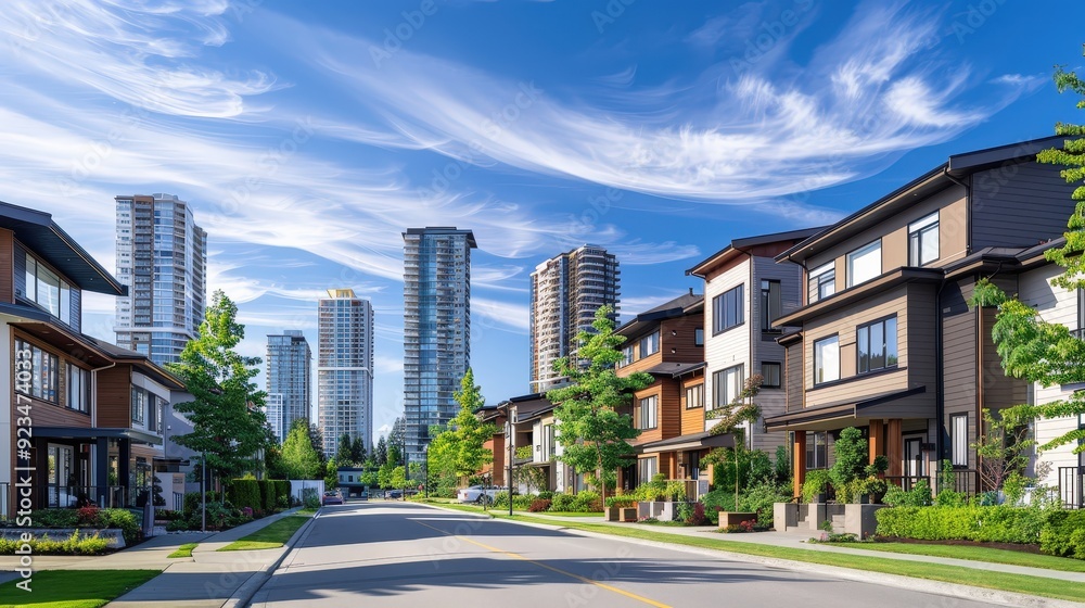Capture a residential area with modern apartment towers contrasted by traditional single-family homes Capture a residential area with modern apartment towers contrasted by traditional single-family homes