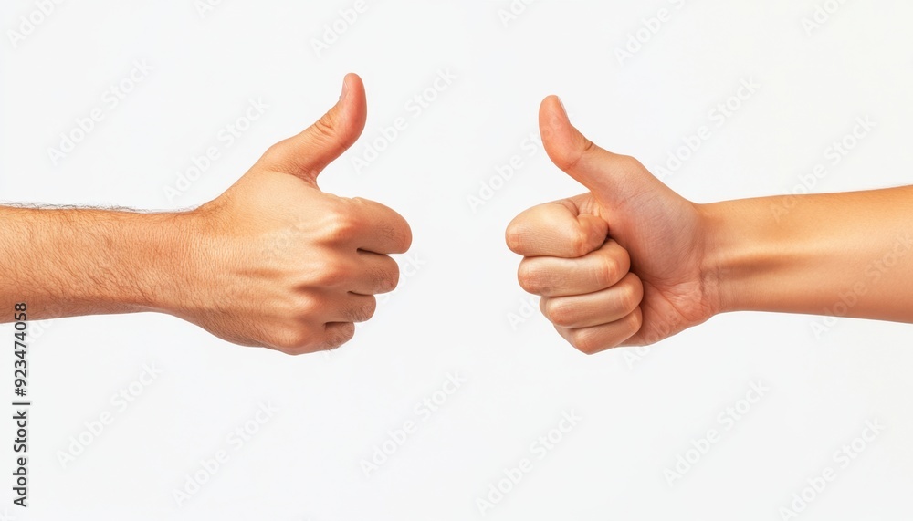 Two hands giving thumbs up against a plain white background Two hands giving thumbs up against a plain white background