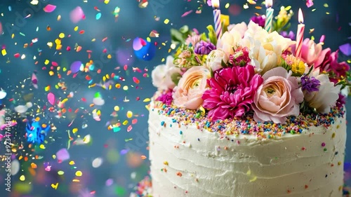 A beautifully decorated birthday cake adorned with fresh flowers and colorful confetti enhances the festive atmosphere of the celebration.