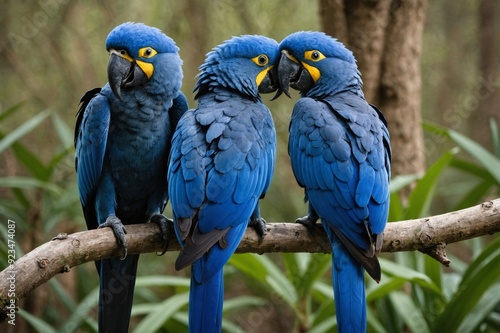 Loving Blue Hyacinth macaws sitting on the branch photo