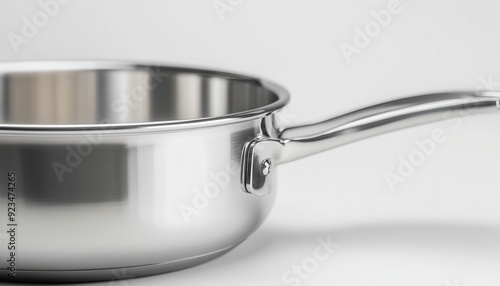 Stainless steel saucepan with polished surface on a neutral backdrop