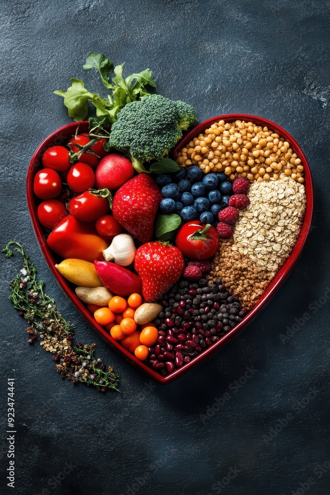 Heart-Shaped Bowl Filled with Fresh Fruits, Vegetables, Grains, and Nuts on Dark Background Heart-Shaped Bowl Filled with Fresh Fruits, Vegetables, Grains, and Nuts on Dark Background