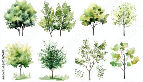 Watercolor illustration of various tree types in shades of green against a white background