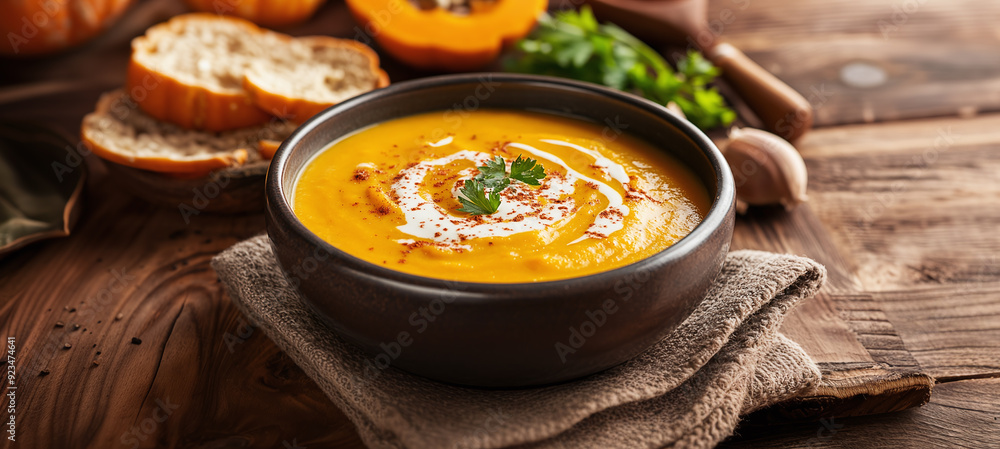 A velvety butternut squash soup with a hint of sweetness and a touch of spice. The soup is pureed to a smooth consistency A velvety butternut squash soup with a hint of sweetness and a touch of spice. The soup is pureed to a smooth consistency