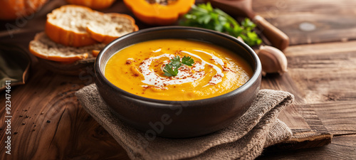  A velvety butternut squash soup with a hint of sweetness and a touch of spice. The soup is pureed to a smooth consistency