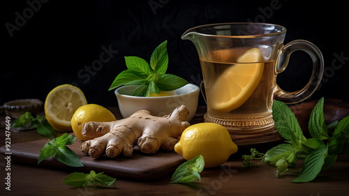 cup of tea with mint, lemon, ginger, mint and mint leaves on dark background. photo