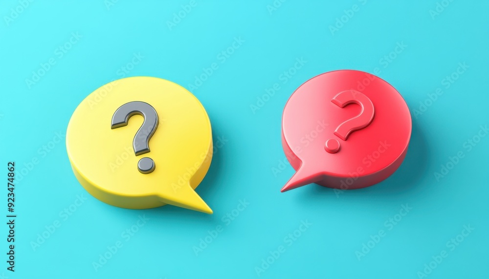 Colorful question marks in speech bubbles on a bright blue background Colorful question marks in speech bubbles on a bright blue background