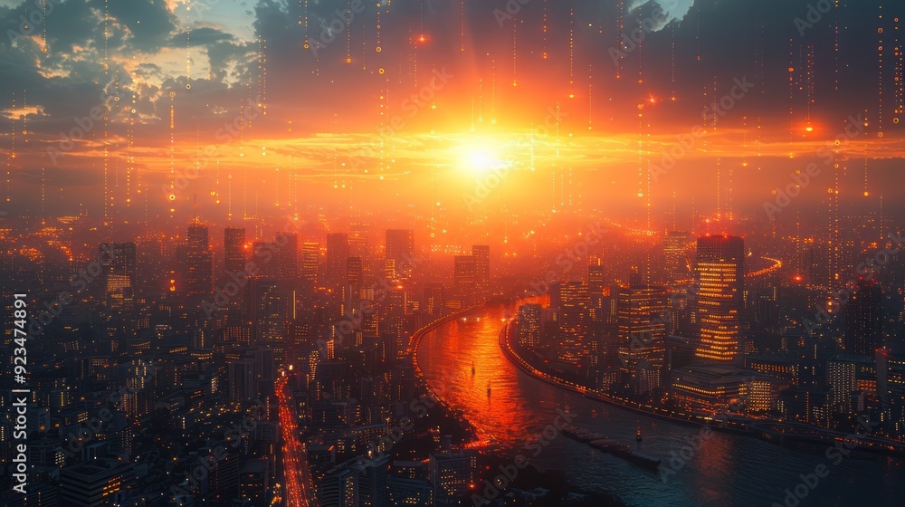 Cityscape at Sunset with Digital Rain Cityscape at Sunset with Digital Rain