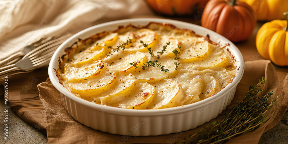 Scalloped Potatoes: Layers of thinly sliced potatoes baked in a creamy, cheesy sauce until bubbly and golden. The dish is seasoned with garlic, thyme, and a blend of cheeses Scalloped Potatoes: Layers of thinly sliced potatoes baked in a creamy, cheesy sauce until bubbly and golden. The dish is seasoned with garlic, thyme, and a blend of cheeses