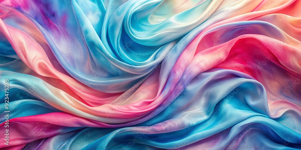 Obraz premium Vibrant abstract gradient watercolor background featuring soft blue waves, artistic canvas textures, and swirling pink streams on a multicolored silk-inspired fabric.