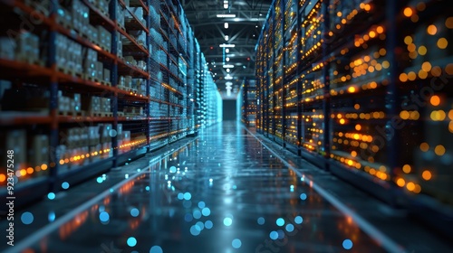 Warehouse Interior with Shelves and Lights