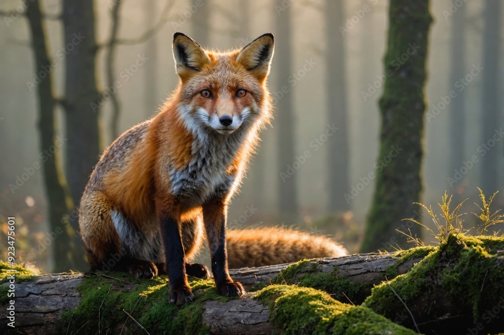 Naklejka premium Red Fox Animal in natural environnement, morning misty sunlight