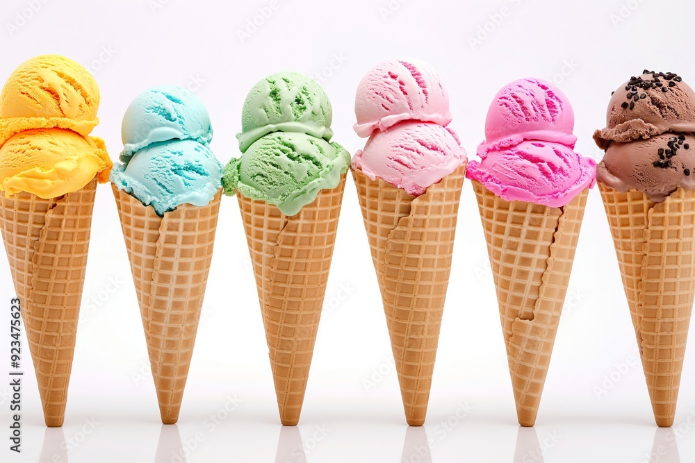 Ice cream scoops in waffle cones arranged in a row. Isolated on white background. Image for ice cream shop advertising and menu. Ice cream scoops in waffle cones arranged in a row. Isolated on white background. Image for ice cream shop advertising and menu.