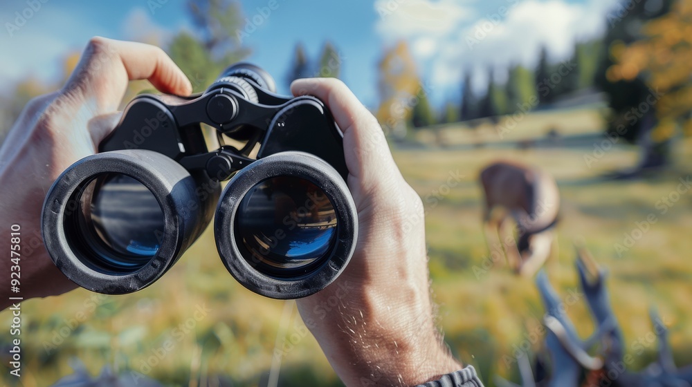A person using binoculars to observe wildlife in a natural setting. A person using binoculars to observe wildlife in a natural setting.