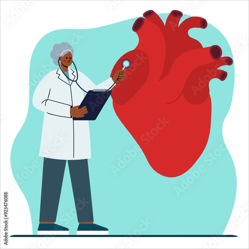 Elderly female cardiologist doctor conducts a medical examination of a human heart. Heart disease examination. Cardiology concept. Flat vector illustration on blue background