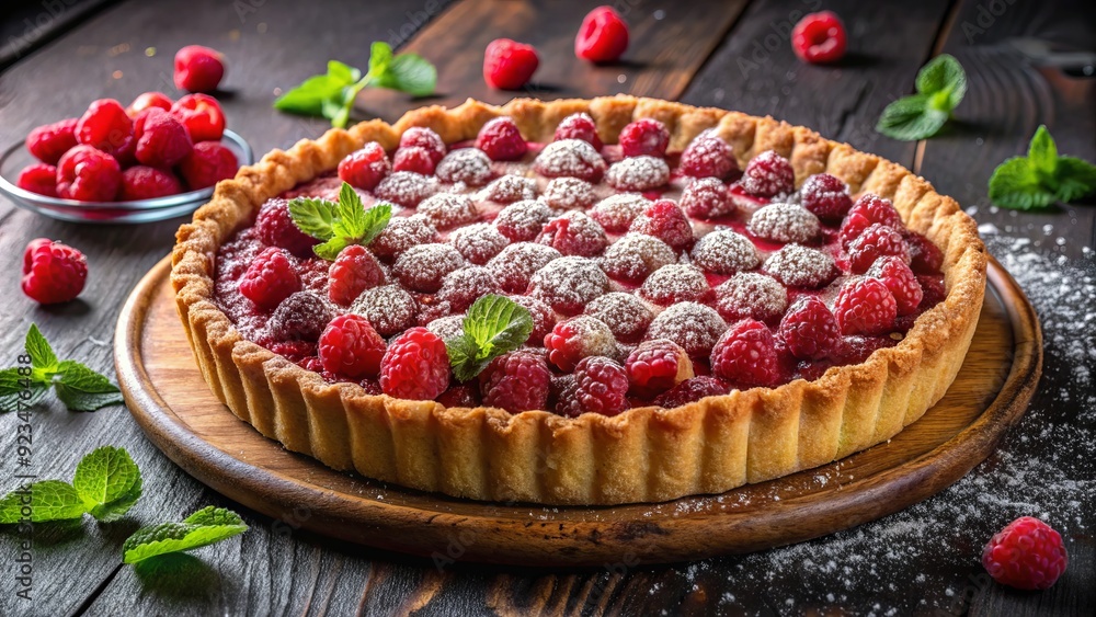 Freshly baked homemade raspberry pie with a crumbly crust and juicy filling, garnished with a sprinkle of sugar and a few fresh raspberries on top. Freshly baked homemade raspberry pie with a crumbly crust and juicy filling, garnished with a sprinkle of sugar and a few fresh raspberries on top.
