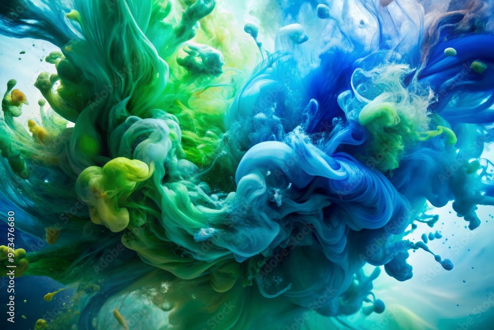 Obraz premium Vibrant blue and green watercolor splashes swirl together in a mesmerizing abstract background, creating a dynamic and energetic visual experience with subtle texture.