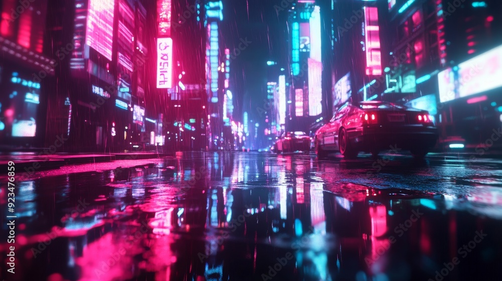 Obraz premium Cyberpunk Cityscape with Neon Lights and Rain