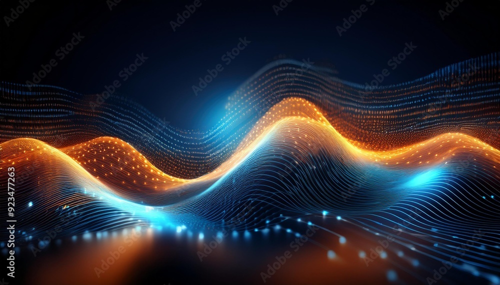 Abstract digital wave with glowing dots in blue and orange. Perfect for technology, data, and futuristic concepts. Abstract digital wave with glowing dots in blue and orange. Perfect for technology, data, and futuristic concepts.