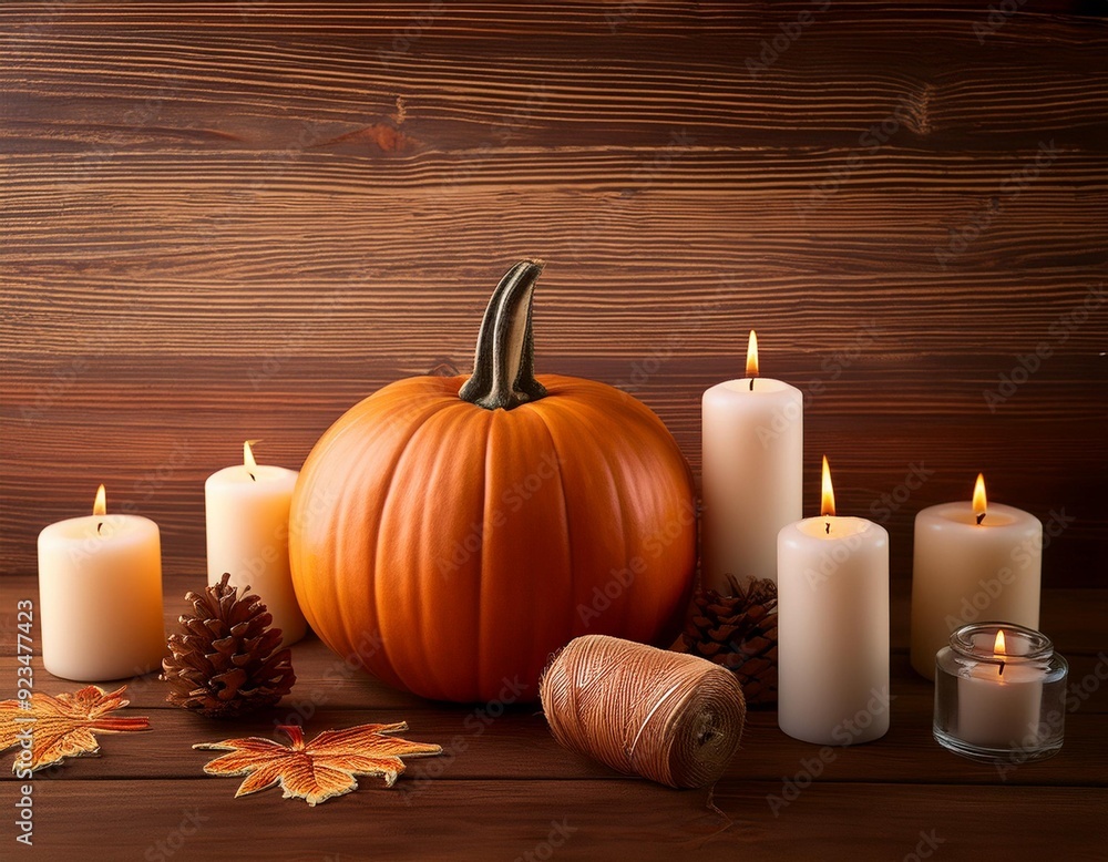 Autumn Pumpkin and Candles on Wooden Background. Autumn Pumpkin and Candles on Wooden Background.